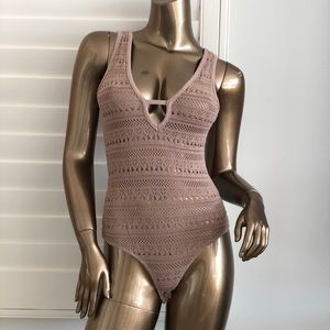 Brand New Flair For Fringe Crochet Bodysuit- Tan
